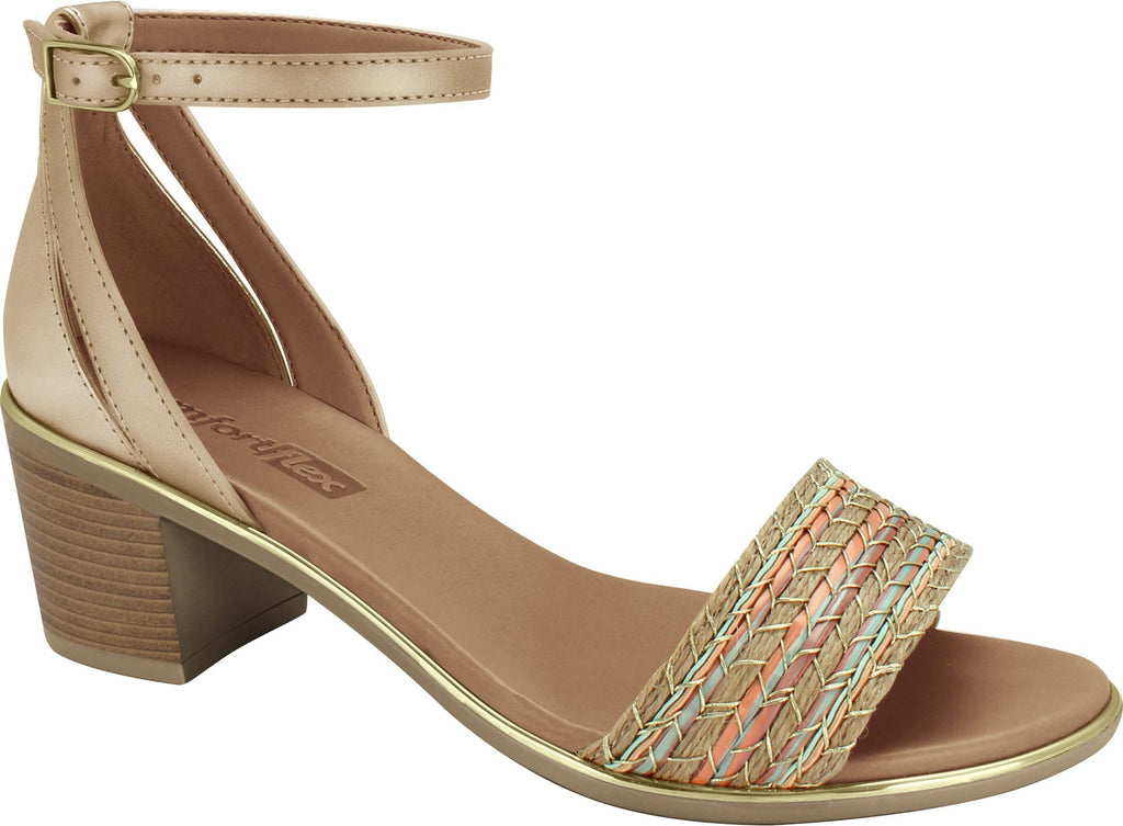 The Ramarim 1871404 Women Fashion Comfortable Sandal features a mid heel, ankle strap with buckle, nude footbed, and multicolored woven toe strap. Heel and trim have a light metallic finish for extra style.