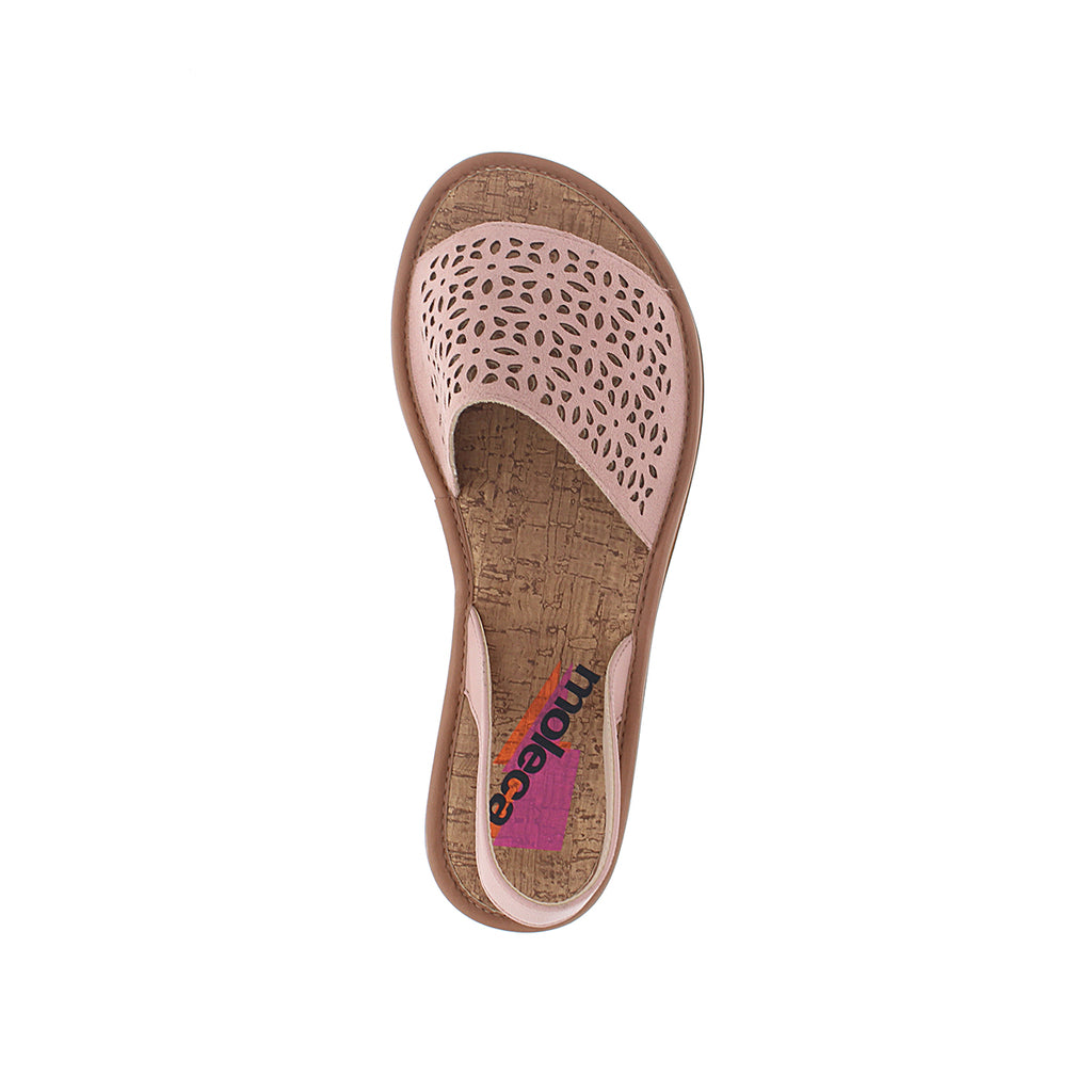 The Moleca 5445.101 Women Flat Sandals in Nude feature a beige open-toe design with a cut-out floral upper, cork-patterned insole, flat brown sole, and beige back strap—versatile footwear for any women's outfit.